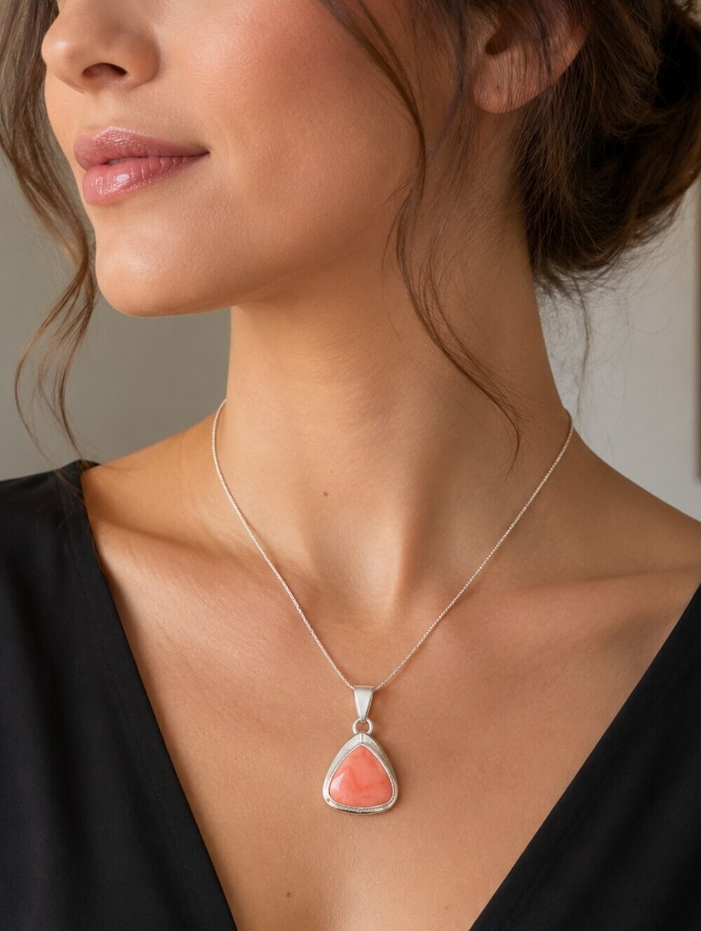 VTG Sterling Silver Mexico 925 Peach Coral Agate Triangle Pendant Chain Necklace